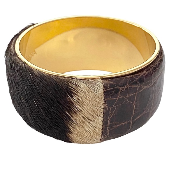 AUTH Dolce & Gabbana Patent Leather Animal Hair Gold Metal Bangle Cuff Bracelet - Picture 1 of 9